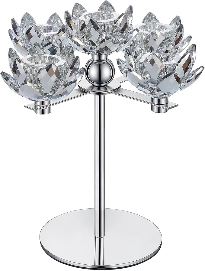 Crystal Candle Holders Lotus Candelabras Silver Arch Candlestick, Centerpiece Table, Home Hecor for Wedding, Dinning Room, Coffee Table, Kitchen, Living Room, Entryway (5 Arms, Taper Candle)