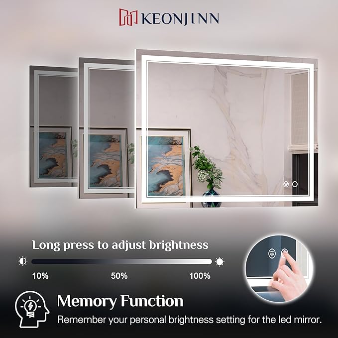 Keonjinn 72 x 32 Inch LED Bathroom Mirror with Lights, Large Wall Mounted Vanity Mirror, UL Listed LED Driver, HD Tempered Glass, Easy Installation, Anti-Fog, Memory Dimmable 6000K, CRI 90+