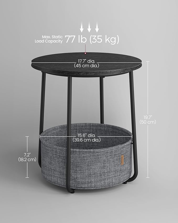 VASAGLE LILEA Collection - Small Round Side End Table, Modern Nightstand with Fabric Basket, Ebony Black and Slate Gray ULET223B01