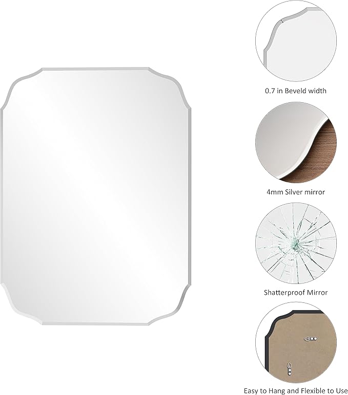 Silver Wall Mirror-Beveled Edge Frameless Mirror for Bathroom, Vanity, Bedroom, Rectangle Mirrors （20X28inch）