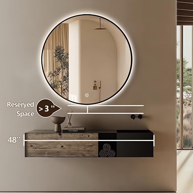 44" Round LED Bathroom Mirror, Wall Mounted Round Backlit Mirror LED Bathroom Vanity Mirror with Lights Fog Free Circle Lighted Mirror with Black Frame, Smart Light up Mirror 3-Color