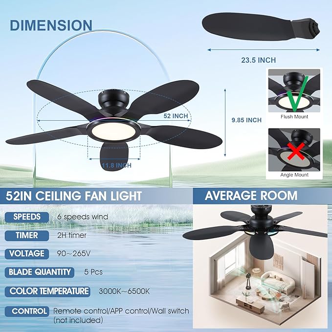 Ceiling Fans with Lights and Remote/APP Control, 52 inch Low Profile Ceiling Fans with Dimmable White + RGB Ring Lights, 6 Speeds 5 Curved Blades for Kids Room Bedroom Bar, Black