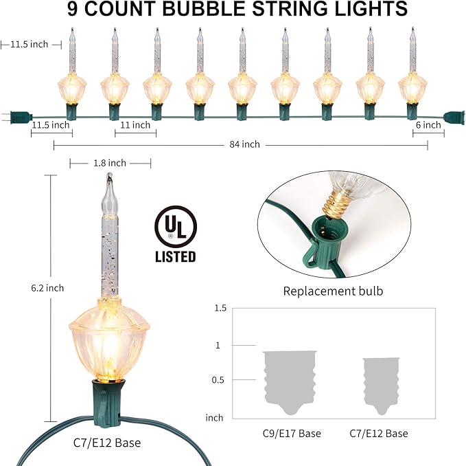 Brightown Bubble String Lights, 2 Pcak 9 Counts Traditional Clear Bubble Bulbs with Silver Glitter, Christmas Bubble Lights for Tree Holiday Christmas Celebrations Lighting, Green Wire