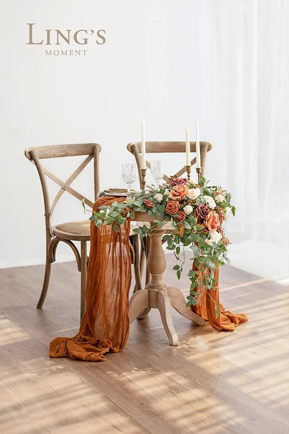 Ling's moment 2PCS Terracotta Arch Flowers Artificial Floral Swags Centerpieces Wedding Decor Mantel Faux Burnt Orange Rose Garland Arrangements for DIY Sweetheart Table Wall Window Welcome Signs