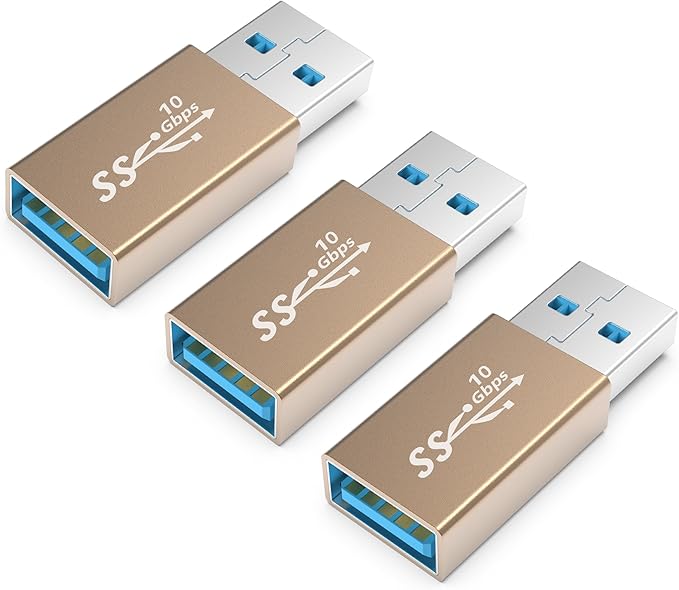 3Pack USB Coupler Male to Female USB 3.0 Type A Adapter Superspeed 10Gbps USB Port Extension Connector Bridge Compatible with Laptop Computer Hard Drive Printer Camera, Gold