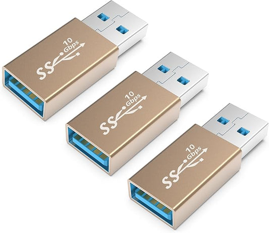 3Pack USB Coupler Male to Female USB 3.0 Type A Adapter Superspeed 10Gbps USB Port Extension Connector Bridge Compatible with Laptop Computer Hard Drive Printer Camera, Gold
