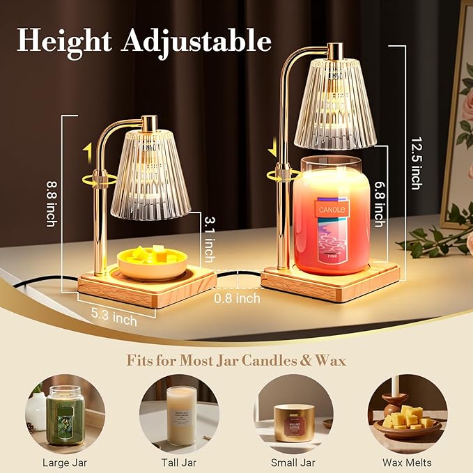 Marycele Candle Warmer Lamps 2 Pack, Electric Wax Warmer Lamp with Timer for Jar Candles, Aesthetic Home Decor, Housewarming Gifts for Women, Adjustable Height Clear