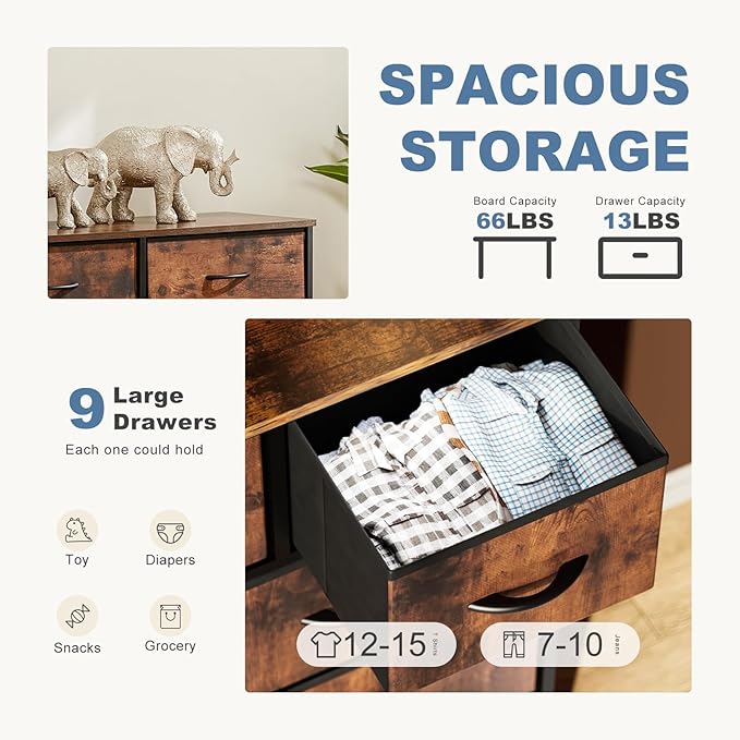 DUMOS Dresser for Bedroom, Storage Organizer with 9 Drawers, Chest of Drawers with Fabric Bins, Sturdy Metal Frame, Wood Tabletop for Guest Room, Closet, Entryway, Nursery