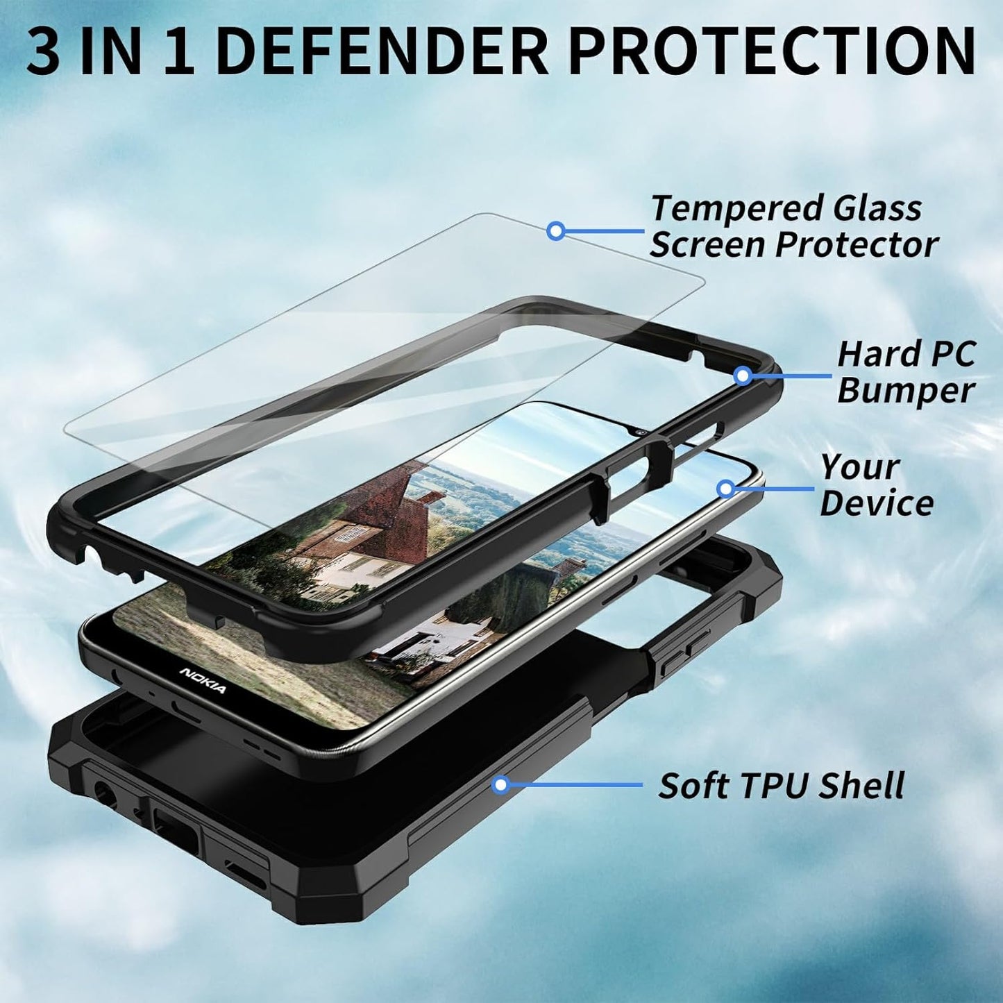 Nokia G310 5G Case with Tempered Glass Screen Protector, Soft TPU Shell with Hard PC Bumper, Wireless Charging Support