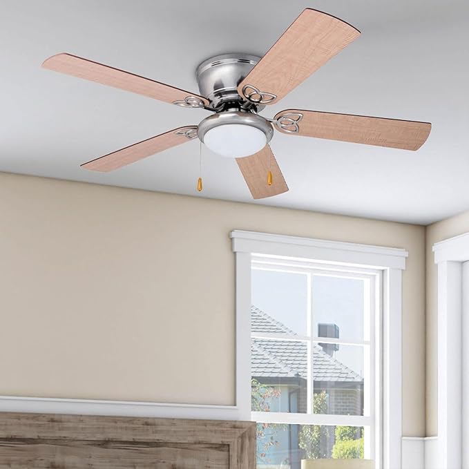Prominence Home Benton Traditional 52 Inch Ceiling Fan with Light, LED Flush Mount Ceiling Fan, Indoor Fan with 5 Blades, Brown Walnut and Brown Maple Blade Finish Options, Brushed Nickel (51428-01)