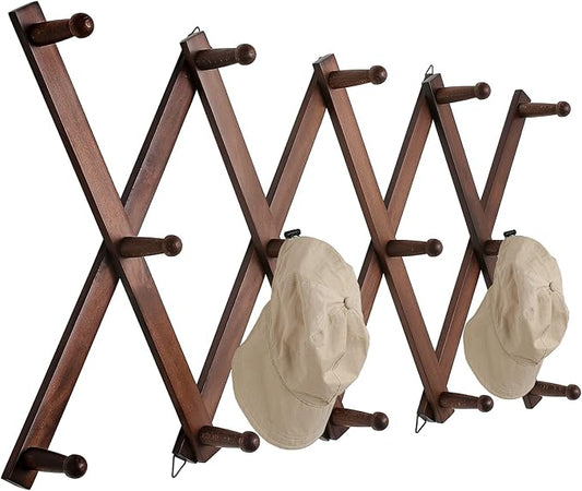 16 inch High Accordion Wall Hanger with 14 Hooks, Wooden Wall Expandable Coat Rack for Coat, Hats, Baseball Caps, Coffee Mug, Jewelry