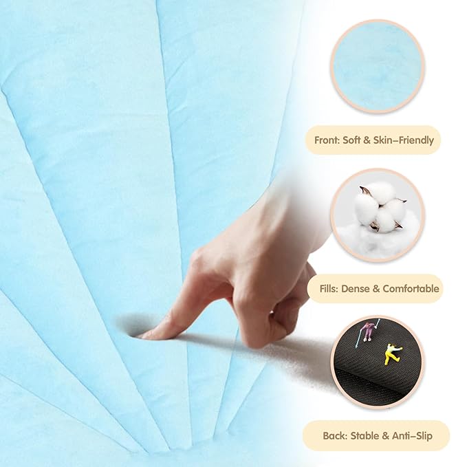 Baby Play Gym Mat, Oversize Tummy Time Activity Mat for Babies 0-6 Months, Shells Shaped Baby Play Mat with 6 Detachable Toys, Baby Mat for Floor Sensory Exploration Motor Skill Development (Blue)