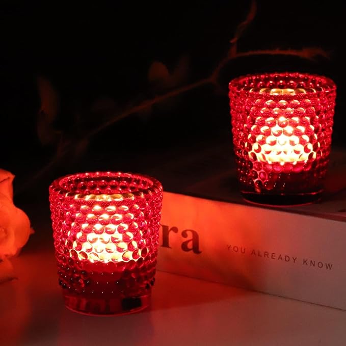 WOHO 24pc Red Votive Candle Holders for Table Centerpiece, Tealight Candle Holder Bulk with Gold Rim, Glass Tea Lights Candle Holder for Christmas, Valentine’s Day Decor