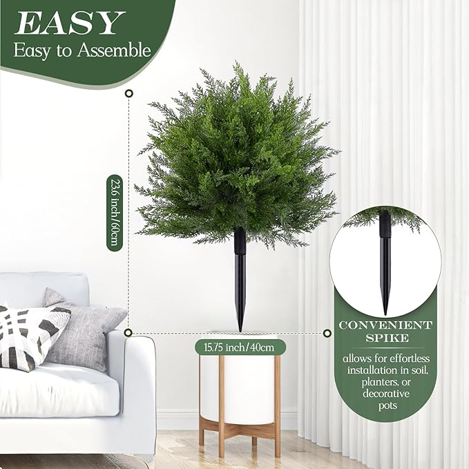23.6" Artificial Cypress Topiary Christmas Tree with Spike, 2 Pack Faux Cedar Bushes UV Resistant Fake Shrubs for Front Porch Winter Decor (Cedar Topiary Ball Trees)