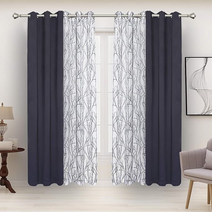 BONZER Mix and Match Curtains - 2 Pieces Branch Print Sheer Curtains and 2 Pieces Blackout Curtains for Bedroom Living Room Grommet Window Drapes, 37x63 Inch/Panel, Grey Dark, Set of 4 Panels
