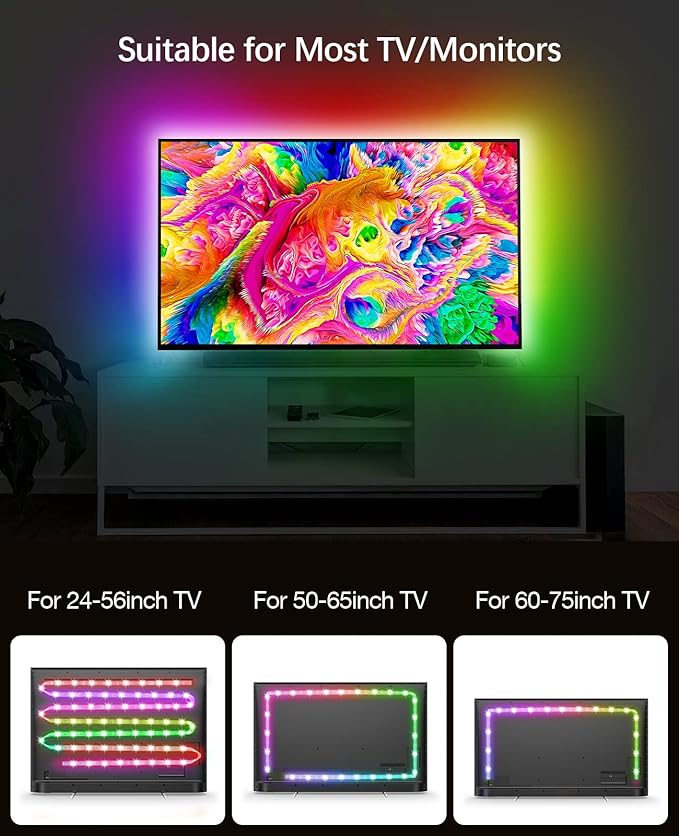 Daymeet TV Led Backlight,13.1ft ICRGB LED Lights for TV USB Light Strip for 40-65 inch Monitor Behind Lighting, Rainbow Color TV Lights Music Sync Bluetooth APP Control with Remote