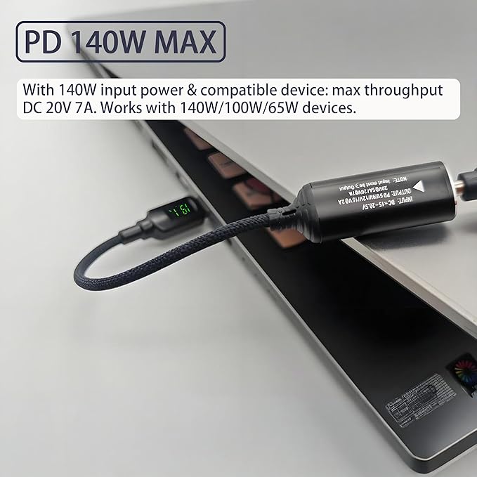 140W DC4530 to USB C PD Cable DC 4.5mm x 3.0mm Female(4.5 x 0.6mm) Input to Type C Male Power Charging Cable with Charging Voltage Current watt Display Real time,for Phones,Tablets,Laptops