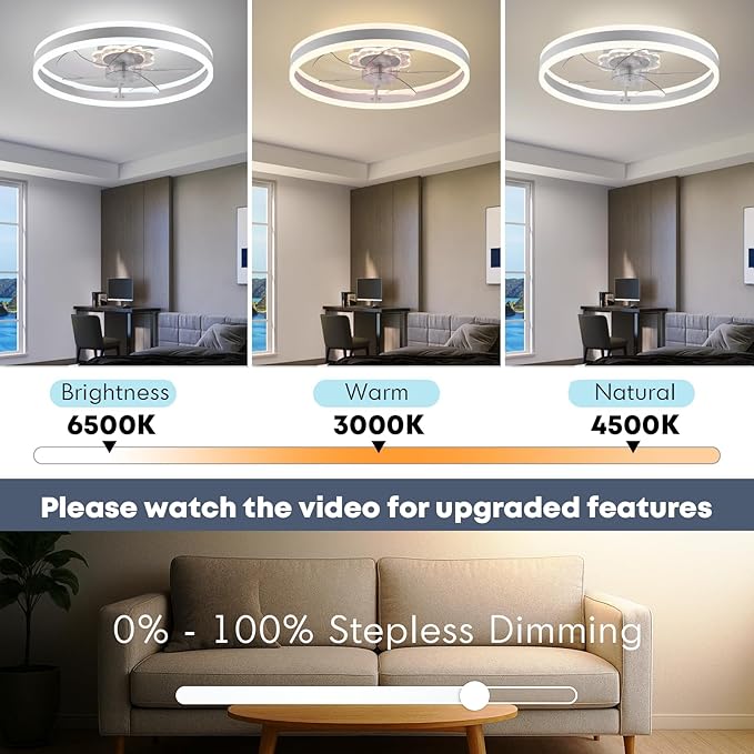 Ceiling Fan with Light, Upgraded 20‘’ Low Profile Fan, Flush Mount Ceiling Fan, 6 Speeds, Dimmable LED, App & Remote Control, Quiet DC Motor, for Bedroom, Living Room, F105 White