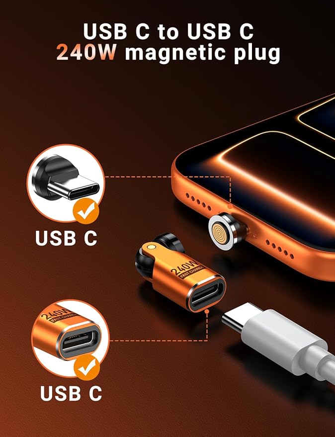USB C Magnetic Adapter PD 240W(2Pack), 9PIN USB C 90 Degree Adapter/C Right Angle Adapter/180 Degree USB Connector/C to C Adaptor for 1Phone 16/15 Series, Ma-Book Pro/1Pad Series (Orange, 2 Pack)
