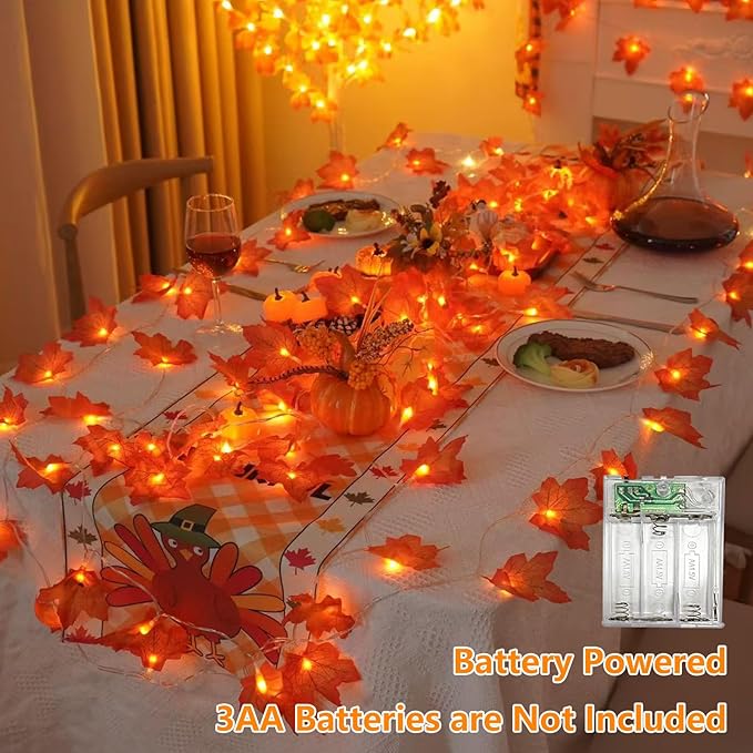 YEGUO 6 PCS Thanksgiving Decorations for Home, Fall Lights Battery Operated, Total 60ft 120 LED Lighted Fall Garland Maple Leaves for Halloween Holiday Autumn Harvest Fall Thanksgiving Decor