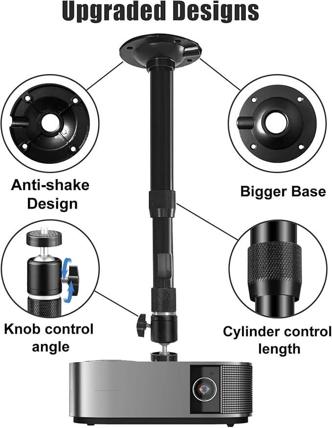 2-Be-Best Projector Ceiling Mount Length 12-18 in / 31-45 cm Projector Mount 360° Rotatable Projectors Holder Adjustable Bracket for Projectors Upgraded Black