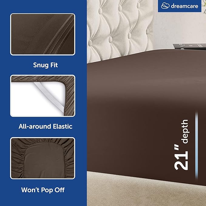 DREAMCARE Queen Sheet Set – 4 pcs Cooling Sheets – up to 21” Extra Deep Pocket Queen Sheets – Hotel Luxury – Superior Softness 100% Microfiber with Side Pocket - Mocha Brown