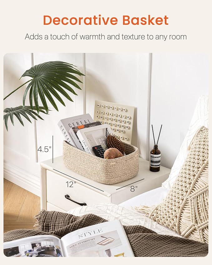 Small Woven Basket, 12 x 8 x 4.5 Inches, Storage Basket for Organizing, Cute Small Rope Shelf Closet Cube Storage Bins Baskets for Shelves, Dog Toy Gift Baskets Empty, 3 Packs, Mixed Brown
