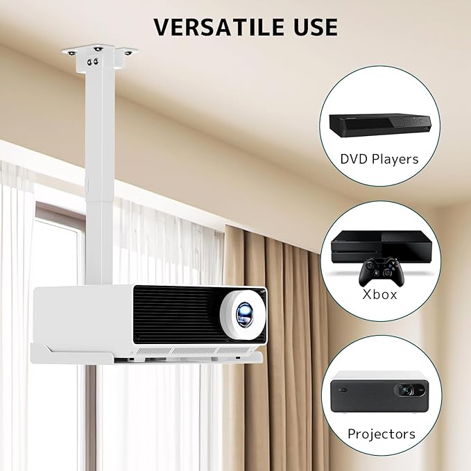 Projector Ceiling Mount with Tray, Adjustable Height Universal Bracket with Concealed Cable Management, No Hole Installation, Holds up to 22 lbs – Ideal for Home Theater & Office (White)