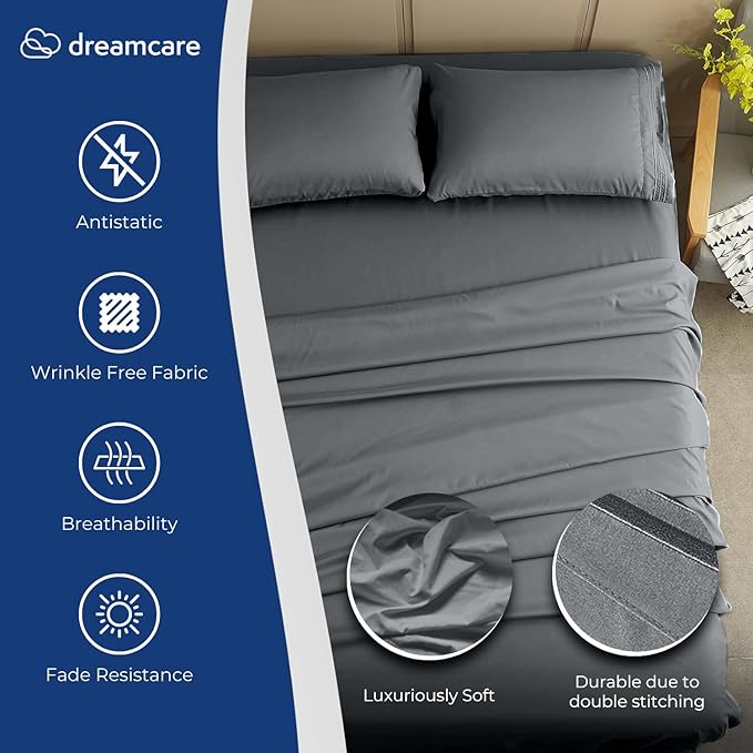 DREAMCARE Full Size Sheets – 4 pcs Cooling Sheets – up to 21” Deep Full Sheet Set – Hotel Luxury Sheets & Pillowcases – Superior Softness 100% Fine Microfiber with Side Pocket – DGray