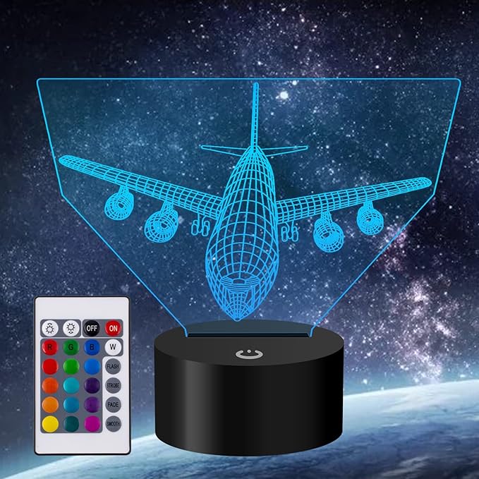 Airplane Night Light 3D Illusion Lamp 16 Color Changing USB Charging/Battery Powered Touch Control with Remote LED Table Desk Decor Lamps Christmas Birthday Gift for Kid Boy Pilot Plane Lover