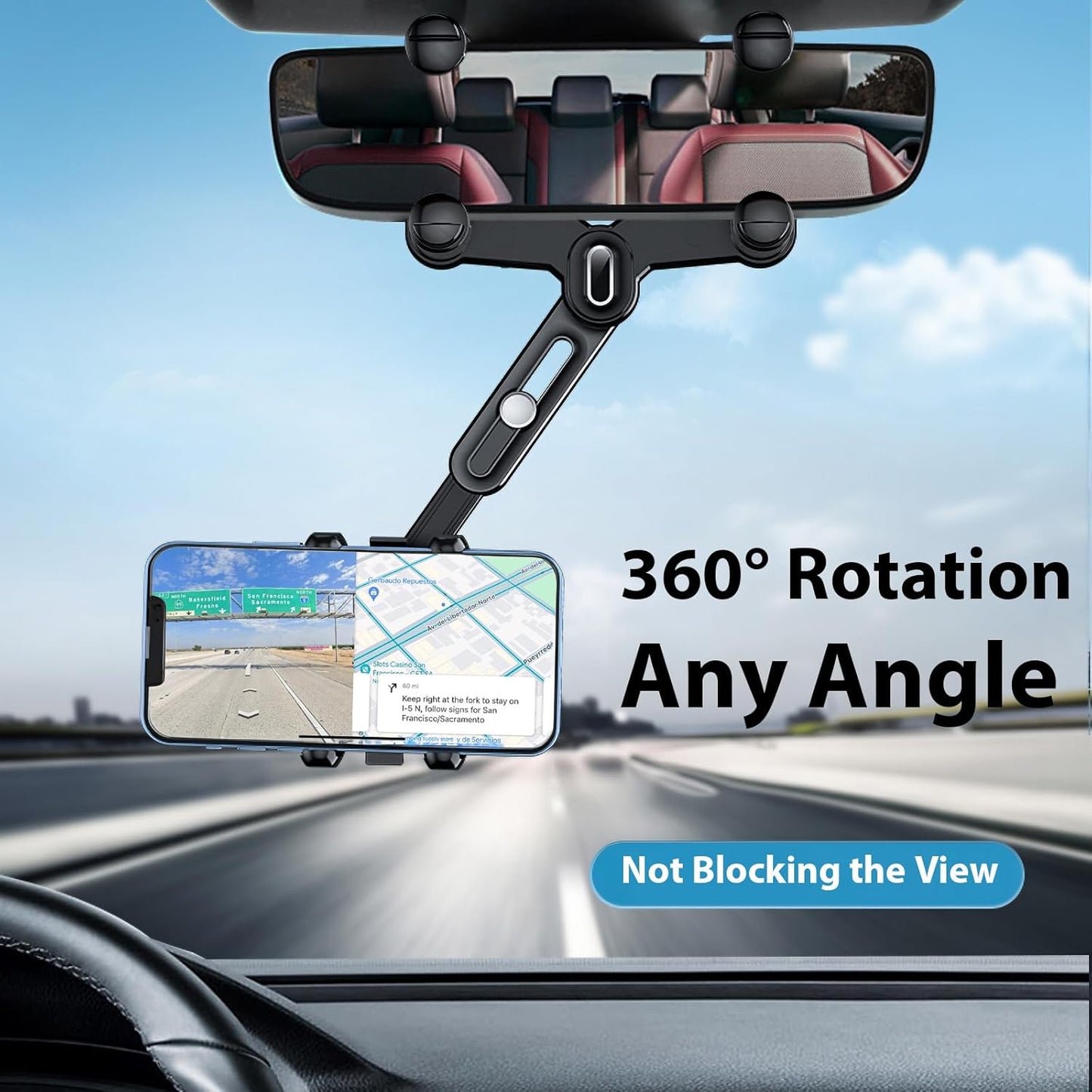 Rear View Mirror Phone Holder - Rotatable and Retractable Mount for iPhone Google Samsung 4-7IN Cell Phones