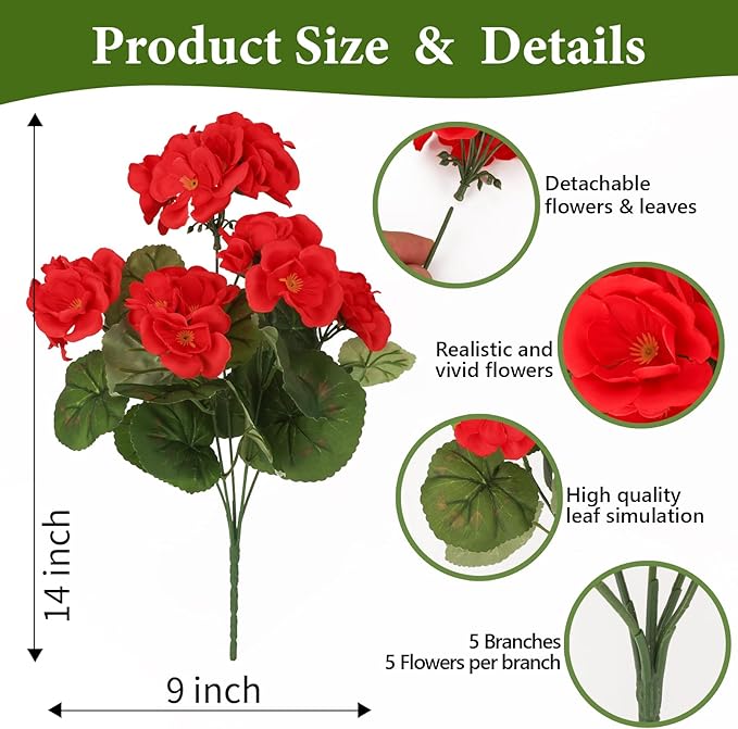NESCCI 16 Pack Artificial Geranium Flowers for Outdoors UV Resistant Artificial Flowers Silk Geranium Fake Flowers Faux Flower for Outdoor Planters Garden Plants Window Sill Courtyard Home Decor(Red)