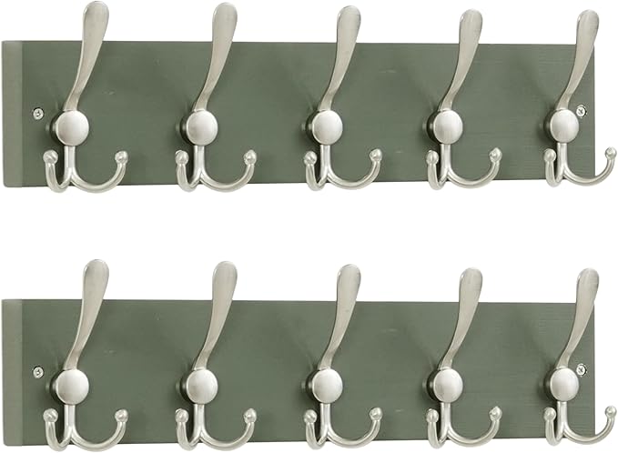 SKOLOO Creations Forest Green Solid Wood Wall Mounted Coat Rack, 5 Hooks, 17" Long - Kitchen, Mudroom, Entryway, Bathroom - Includes Mounting Hardware, Wall Coat Hanger, Towel Rack, Pack of 2
