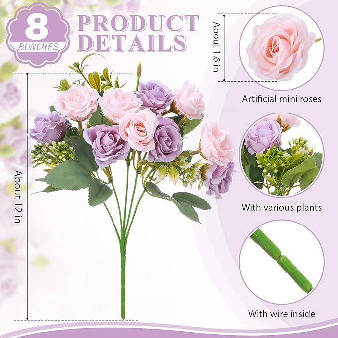 Zeyune 8 Pack 12 Inch Wedding Bouquets for Bride Bridesmaid Pink and Purple Artificial Rose Bouquet Fake Silk Roses Flowers Bunches Bulk for Home Office Garden Parties Decoration