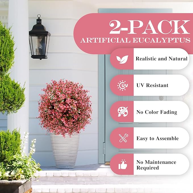 2 Pack 23” Artificial Topiary Bushes for Outdoors Fall Decorations with 7.8” Spike, Red Boxwood Ball Fake Shrubs UV Resistant Faux Plants for Indoor Outdoor Garden Entryway Front Porch Decor