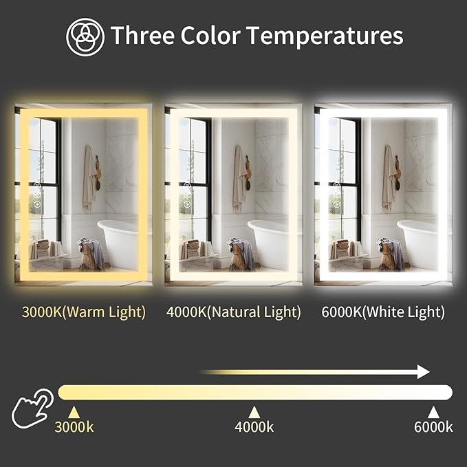 Koonmi 40x60 LED Bathroom Mirror, Backlit + Front Lit, LED Bathroom Mirror with Lights for Wall, 3 Colors, Anti-Fog, Dimmable Brightness, Memory Function, Tempered Glass