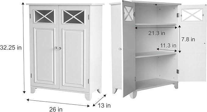 Teamson Home Dawson Wooden Freestanding Floor Cabinet with 1 Fixed 1 Adjustable Shelves 3 Storage Spaces 2 Glass Paneled Doors and 2 Clear Knobs, White