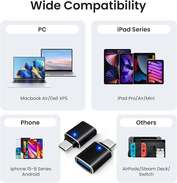 USB-C to USB-A Adapter (2-Pack), USB C Male to USB 3.0 Female Adapter Charging High-Speed Data Transfer and OTG Compatible with Phone/Tablet/Laptop and More - Black