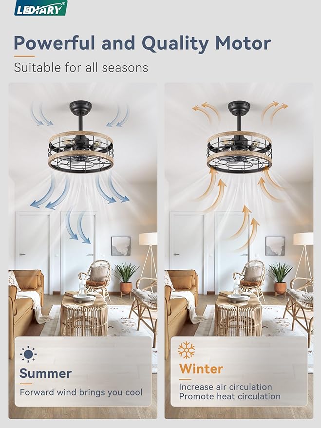 LEDIARY 16.5in Caged Ceiling Fan with Light, Fandelier Industrial Ceiling Fan with Remote, Rustic Metal Fan Lights Ceiling Fixtures for Kitchen, Farmhouse, Bedroom（6 Speed,1/2/4/8h Timing）-Brown