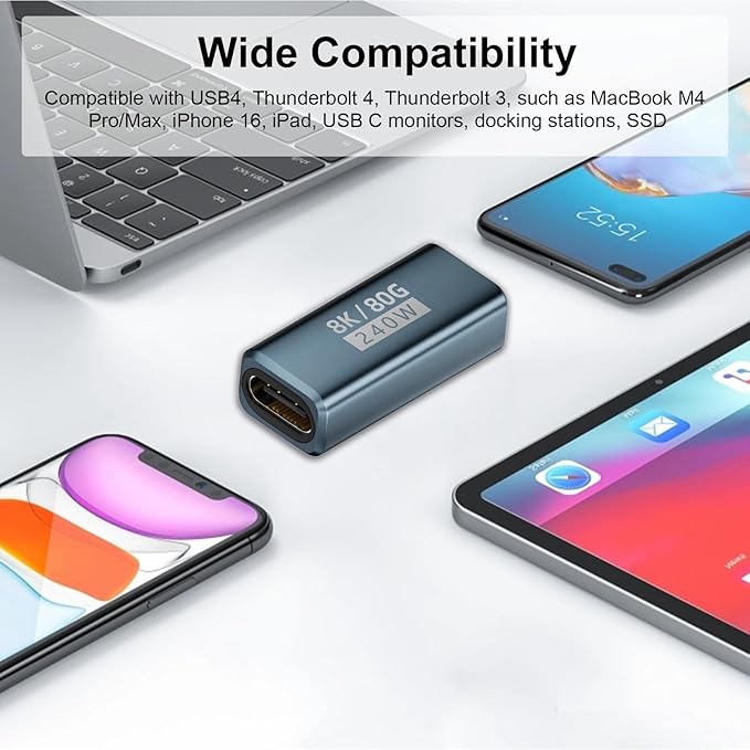 Poyiccot 240W USB C Coupler 2-Pack, USB C Female to Female Adapter [80Gbps/240W PD/8K@60Hz] Type C Extender Adapter Support Thunderbolt 5/4 for iPhone 15, MacBook, Steam Deck, Switch