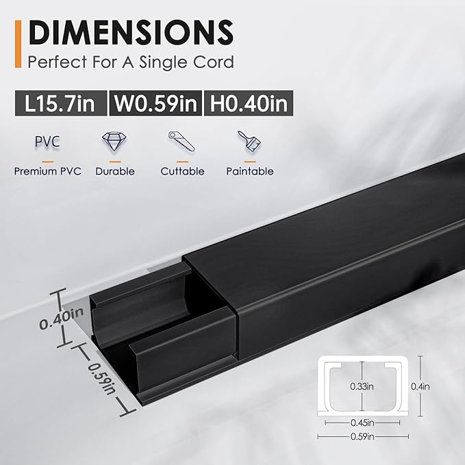 Delamu 236in Cord Hider, One-Wire Cord Covers for Wires on Wall, Easy-to-Install Cable Hiders for Mounted Tv, Cable Management Kit, Cable Raceways, W0.59 H0.4in, Black