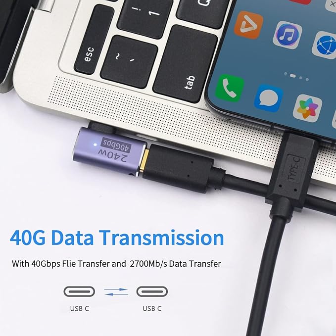 USB C 90 degree, Right Angle Adapter,USB C Female to Female Adapter240W PD, 40Gbps and 8K video]supports Thunderbolt 4/3 cable for laptops, tablets and phones (2 packs) (90 degree usb c adapter)