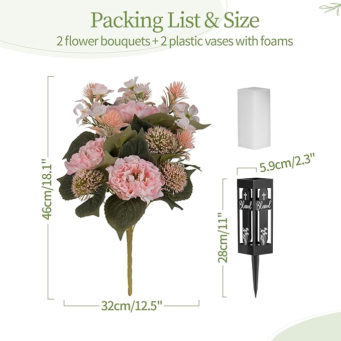 Pink Artificial Flowers for Cemetery : 2 Pcs Peony Grave Flower Bouquets for Cemetery Decorations - Outdoor Gravesite Flowers with Vase
