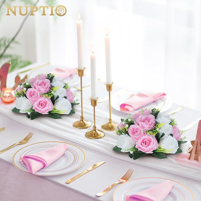 NUPTIO 10 Pieces Pink White Fake Flower Ball Arrangement Bouquet 15 Heads Plastic Roses with Base, Suitable for Wedding Centerpiece Flower Rack for Parties Home Décor
