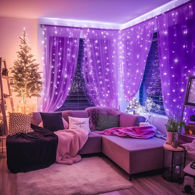 JMEXSUSS 300LED Purple Christmas Lights with Remote, Curtain Hanging Light Plug in, 8 Modes Purple String Lights for Bedroom Window Wall Party Backdrop Halloween Christmas Decorations