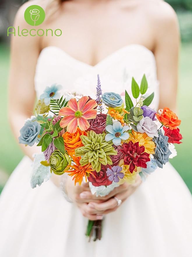 Alecono Artificial Flowers, Colorful Combo Silk Fake Flowers with Stems for DIY Wedding Bridal Bouquets, Floral Arrangement Home Cake Decor