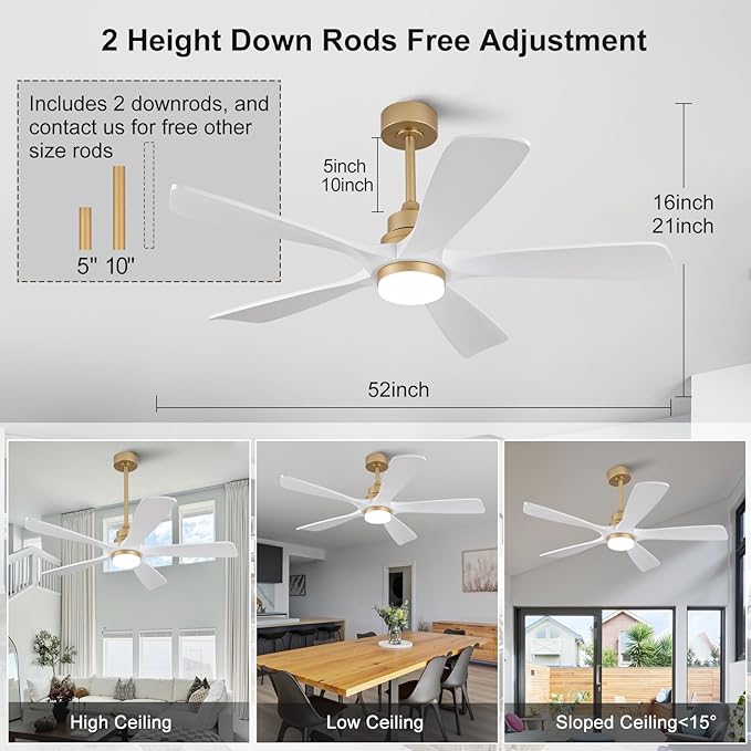 BOJUE 52 Inch Ceiling Fans with Lights and Remote Control, White Gold Ceiling Fan with Light for Bedroom, Noiseless DC Motor, Dimmable Led 5 Solid Wood Blades