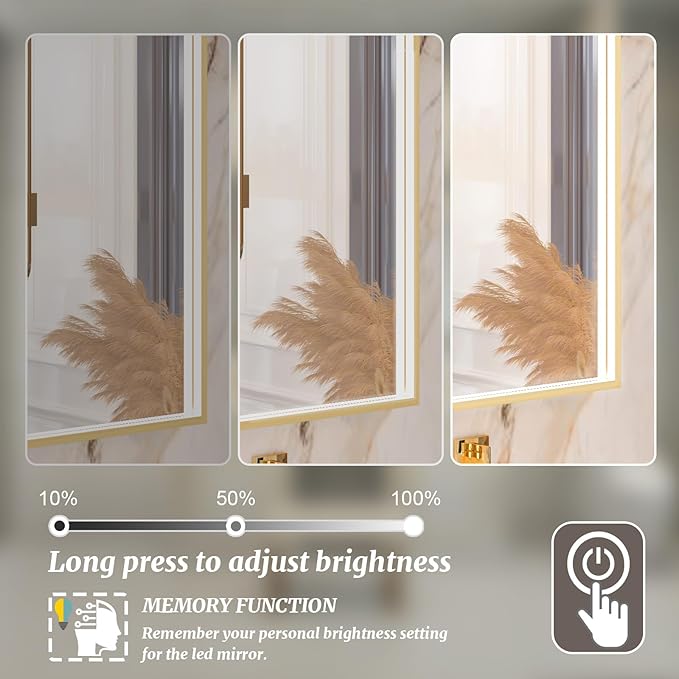 60x36 Inch LED Bathroom Mirror, Gold Metal Framed Lighted Mirror for Bathroom, Wall Mouted LED Vanity Mirror with Lights, 3 Colors and Stepless Dimmable, Anti-Fog, Memory