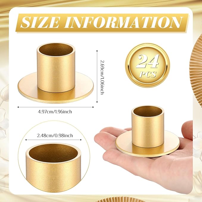 24 Pcs Gold Taper Candle Holders Bulk for Pillar Candles Metal Short Candlestick Holder Gold Centerpieces Decoration for Christmas Thanksgiving Anniversary Dinner Party