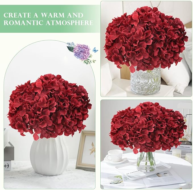 AVIVIHO Burgundy Artificial Flowers Fake Hydrangeas 10pcs Heads Full Faux Hydrangea Flowers Artificial Silk Flowers with Stems for Wedding Home Party Shop Baby Shower Decoration